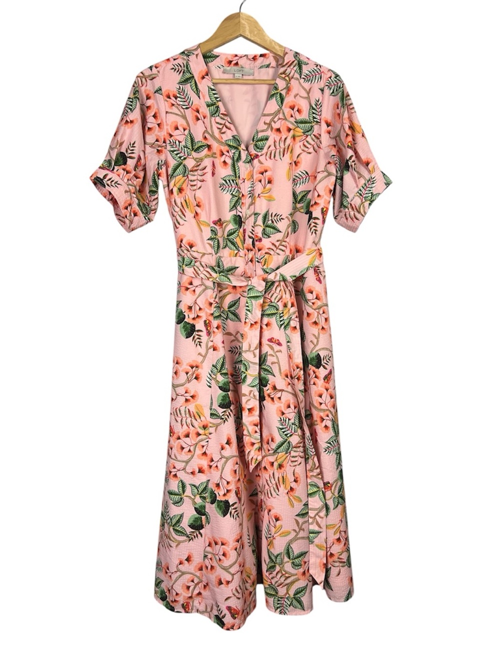 LOFT Pink Botanical Floral V-Neck Belted Midi Dress Size 12